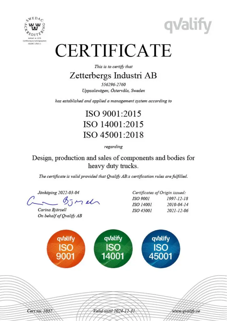 ISO certificate Zetterbergs